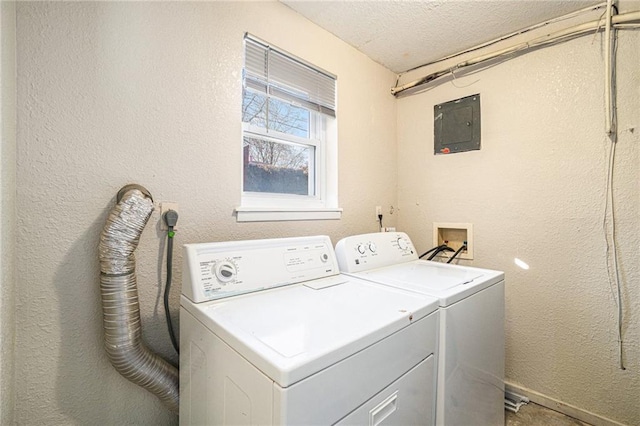 3552 S Lynn St, Independence, MO 64055 - laundry area with a textured wall, a textured ceiling, washer and dryer, laundry area, and electric panel