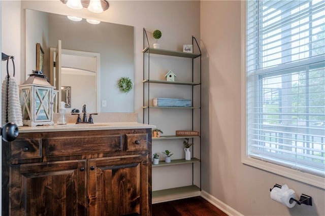 bathroom with vanity, baseboards, a wealth of natural light, and wood finished floors