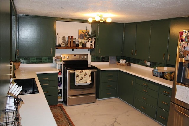 kitchen featuring green cabinets, light countertops, and stainless steel electric range oven