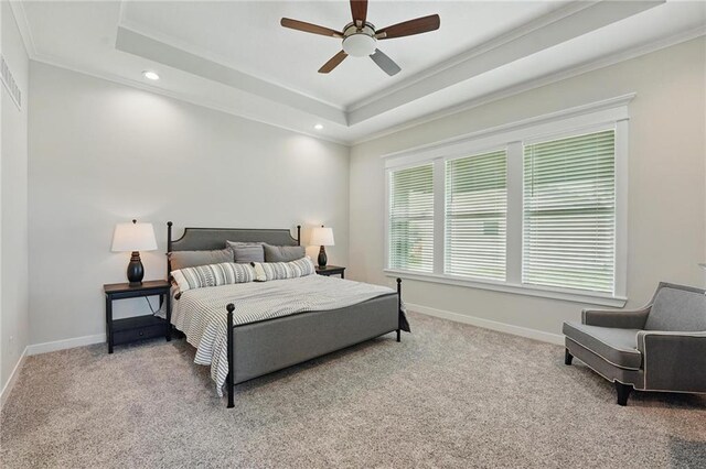 1312 NW 107th Ter, Kansas City, MO 64155 - bedroom with baseboards, carpet floors, crown molding, a tray ceiling, and recessed lighting
