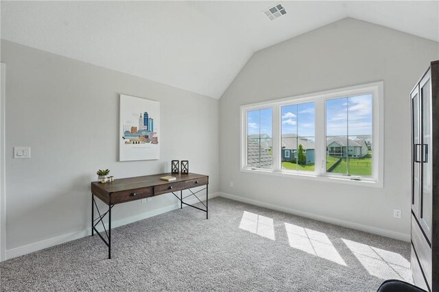 1312 NW 107th Ter, Kansas City, MO 64155 - carpeted office space featuring vaulted ceiling and baseboards
