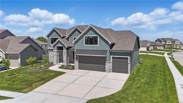1312 NW 107th Ter, Kansas City, MO 64155 - craftsman house featuring stucco siding, concrete driveway, a front lawn, stone siding, and a residential view