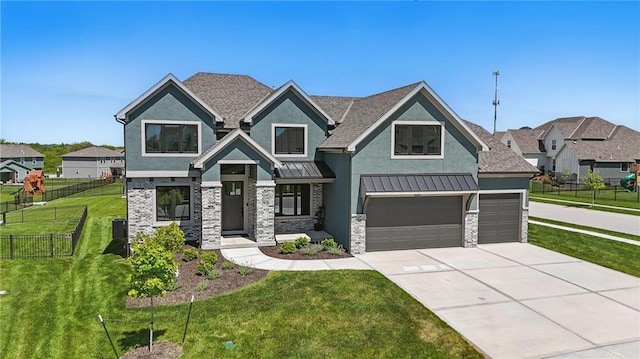 1312 NW 107th Ter, Kansas City, MO 64155 - craftsman house with stucco siding, driveway, an attached garage, stone siding, and a standing seam roof