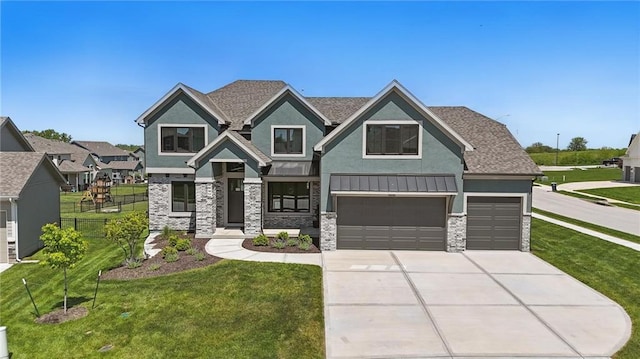 1312 NW 107th Ter, Kansas City, MO 64155 - craftsman-style house featuring stucco siding, concrete driveway, stone siding, an attached garage, and roof with shingles