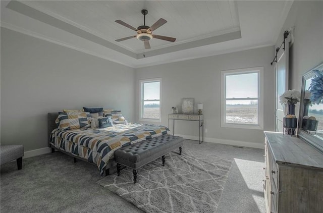 2303 SW Serena Pl, Lees Summit, MO 64082 - bedroom featuring a tray ceiling, ornamental molding, multiple windows, and carpet floors