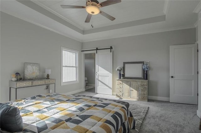 2303 SW Serena Pl, Lees Summit, MO 64082 - carpeted bedroom featuring a barn door, a raised ceiling, baseboards, ornamental molding, and a ceiling fan