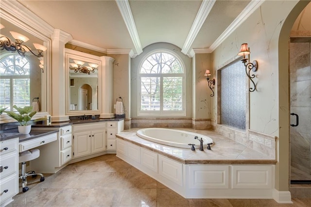 full bath with ornamental molding, a shower stall, a bath, and vanity