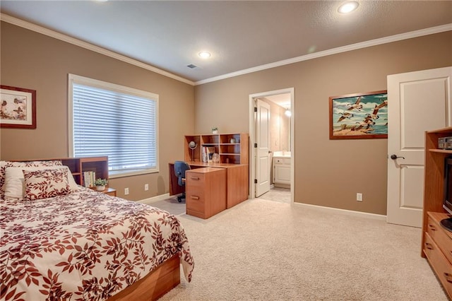 bedroom featuring visible vents, ornamental molding, baseboards, light colored carpet, and recessed lighting