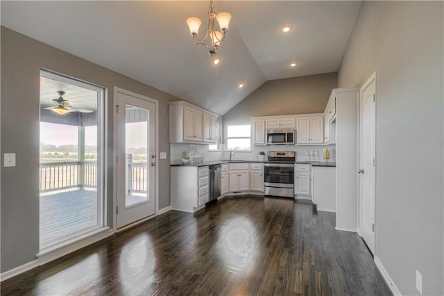 6022 NE 118th Ter, Kansas City, MO 64156 - kitchen with dark wood-style flooring, lofted ceiling, white cabinetry, and appliances with stainless steel finishes