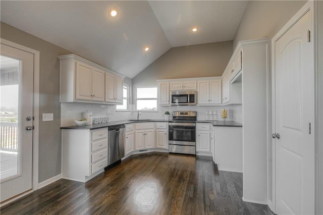 6022 NE 118th Ter, Kansas City, MO 64156 - kitchen with a sink, stainless steel appliances, dark countertops, and dark wood-style floors