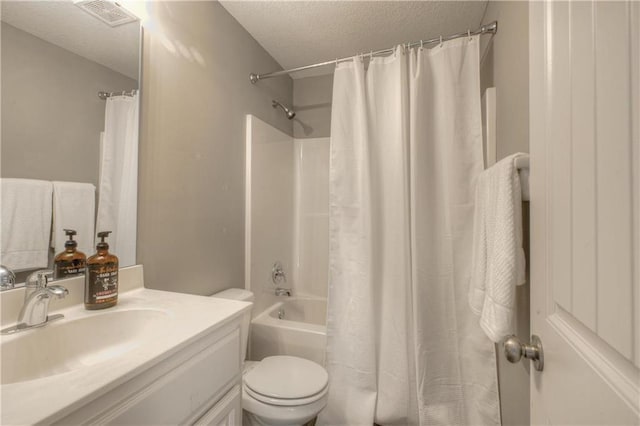 6022 NE 118th Ter, Kansas City, MO 64156 - bathroom featuring toilet, a textured ceiling, visible vents, shower / bathtub combination with curtain, and vanity