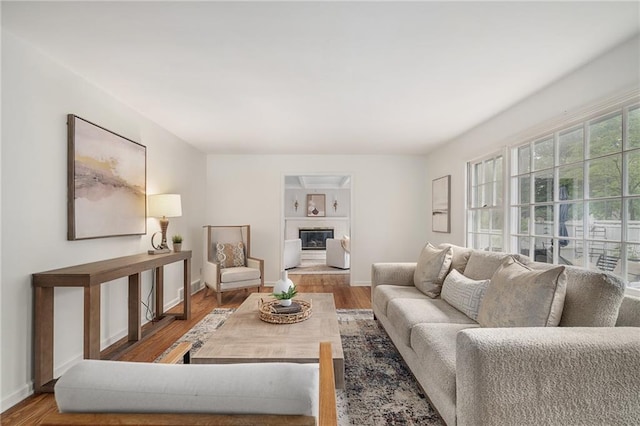 living room featuring baseboards, wood finished floors, and a glass covered fireplace