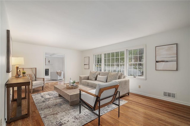 living area featuring baseboards, light wood-style floors, and a glass covered fireplace