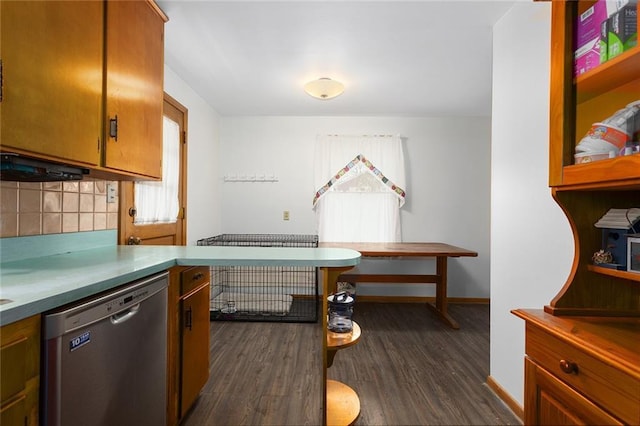 9382 N Cookingham Dr, Kansas City, MO 64157 - kitchen with stainless steel dishwasher, tasteful backsplash, brown cabinets, baseboards, and dark wood-style flooring