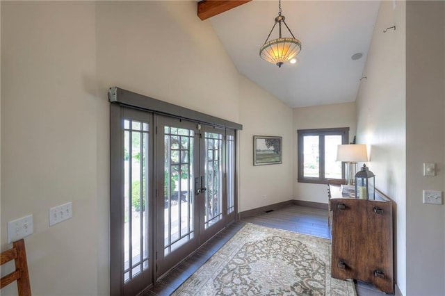 101 Algonquin Dr, Lake Winnebago, MO 64034 - entryway featuring french doors, high vaulted ceiling, wood finished floors, baseboards, and beam ceiling