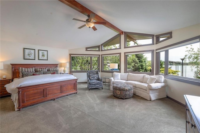 101 Algonquin Dr, Lake Winnebago, MO 64034 - bedroom featuring carpet floors, beamed ceiling, high vaulted ceiling, and baseboards