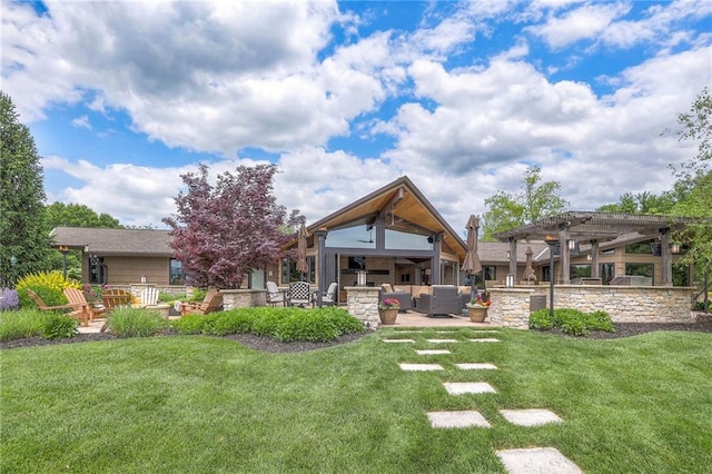 101 Algonquin Dr, Lake Winnebago, MO 64034 - rear view of house featuring area for grilling, a patio, a pergola, and a lawn