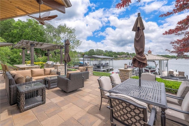 101 Algonquin Dr, Lake Winnebago, MO 64034 - view of patio featuring outdoor lounge area, outdoor dining space, a pergola, a water view, and boat lift