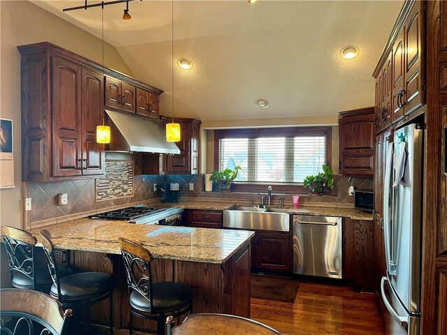 908 Cedar Ct, Paola, KS 66071 - kitchen featuring appliances with stainless steel finishes, a peninsula, a sink, under cabinet range hood, and dark wood-type flooring