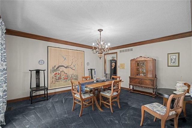 3705 W 119th Ter, Leawood, KS 66209 - dining area featuring a chandelier, dark carpet, ornamental molding, baseboards, and a textured ceiling