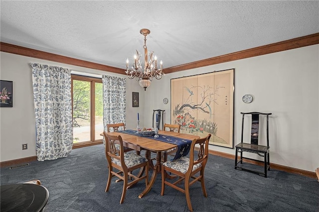 3705 W 119th Ter, Leawood, KS 66209 - dining area with a chandelier, crown molding, a textured ceiling, dark carpet, and baseboards
