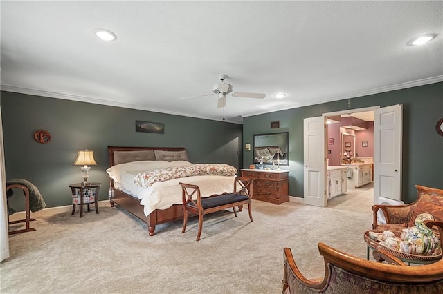 3705 W 119th Ter, Leawood, KS 66209 - bedroom with crown molding, light carpet, baseboards, recessed lighting, and ensuite bathroom