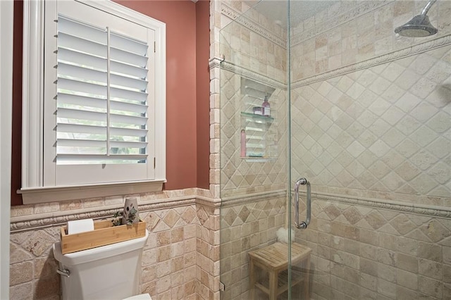 3705 W 119th Ter, Leawood, KS 66209 - full bathroom with tile walls, a stall shower, toilet, and wainscoting