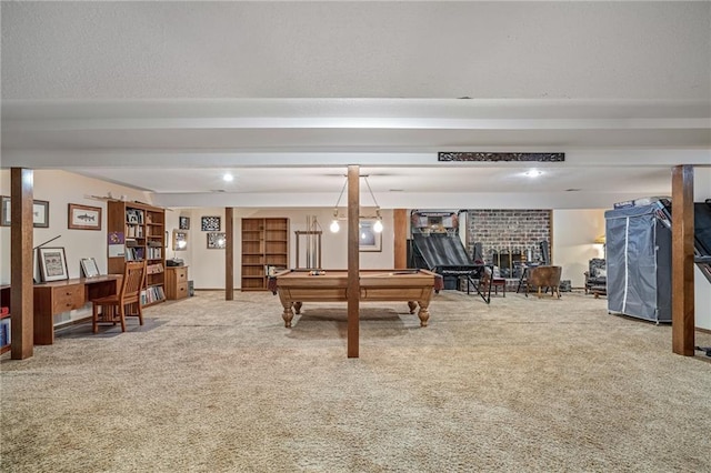 3705 W 119th Ter, Leawood, KS 66209 - recreation room with beamed ceiling, billiards table, carpet floors, and a brick fireplace