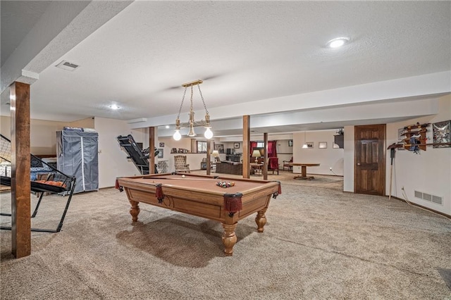 3705 W 119th Ter, Leawood, KS 66209 - rec room featuring billiards, carpet, a textured ceiling, baseboards, and recessed lighting