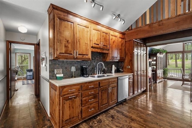 kitchen featuring stainless steel dishwasher, a sink, dark wood-style flooring, and light countertops
