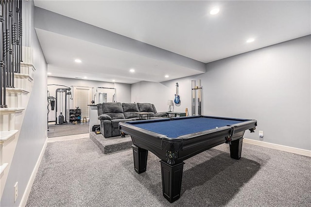 rec room with baseboards, carpet flooring, and recessed lighting