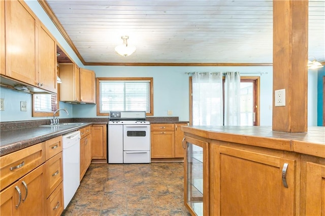 1306 W 29th St S, Independence, MO 64052 - kitchen featuring white appliances, dark countertops, crown molding, dark stone finish flooring, and wood ceiling