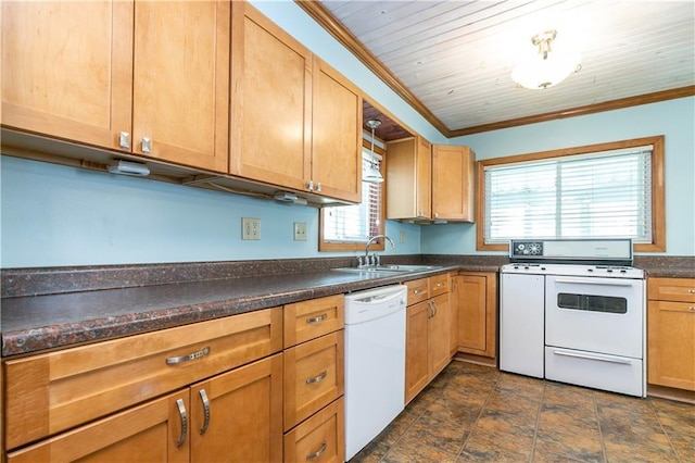 1306 W 29th St S, Independence, MO 64052 - kitchen featuring white appliances, dark countertops, ornamental molding, and dark stone finish flooring