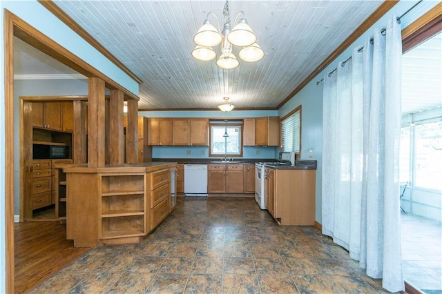 1306 W 29th St S, Independence, MO 64052 - kitchen featuring white appliances, crown molding, dark countertops, a chandelier, and open shelves