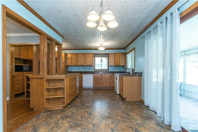 1306 W 29th St S, Independence, MO 64052 - kitchen featuring white appliances, crown molding, open shelves, dark countertops, and a chandelier