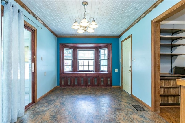 1306 W 29th St S, Independence, MO 64052 - unfurnished dining area with ornamental molding, a chandelier, and wood ceiling