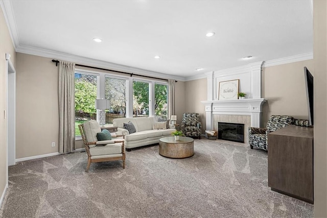 carpeted living area with recessed lighting, a tiled fireplace, and ornamental molding