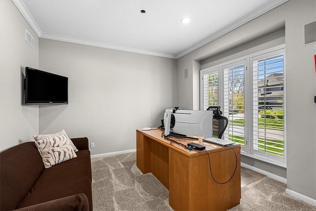 carpeted office space with visible vents, baseboards, recessed lighting, and ornamental molding