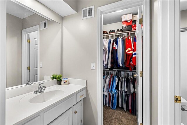 bathroom with a spacious closet, vanity, and visible vents