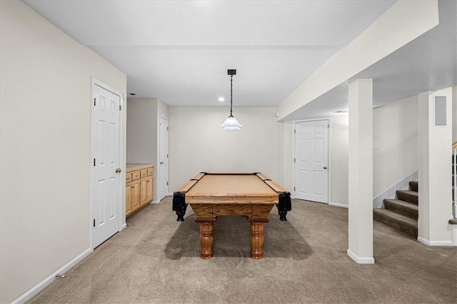 rec room with baseboards, pool table, and light colored carpet