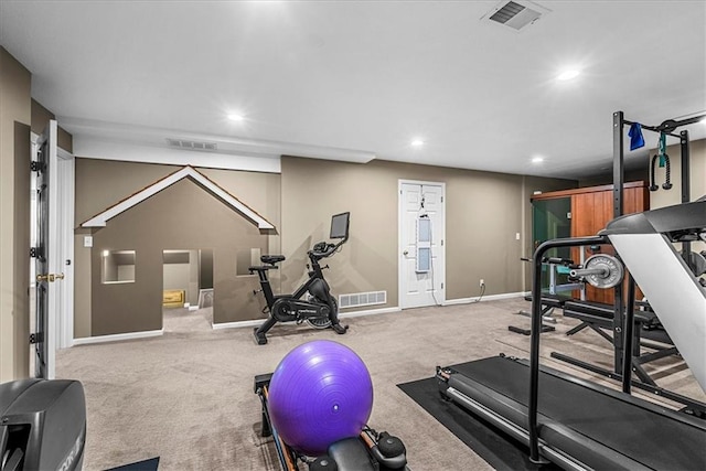 workout area featuring recessed lighting, carpet, and visible vents