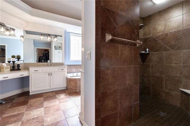 full bath featuring walk in shower, a garden tub, vanity, and ornamental molding