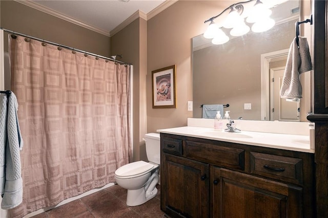 full bath featuring vanity, a shower with curtain, toilet, ornamental molding, and tile patterned flooring
