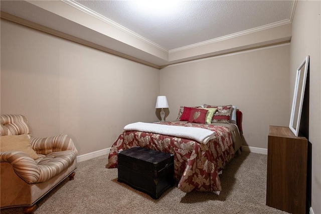 carpeted bedroom featuring baseboards and crown molding