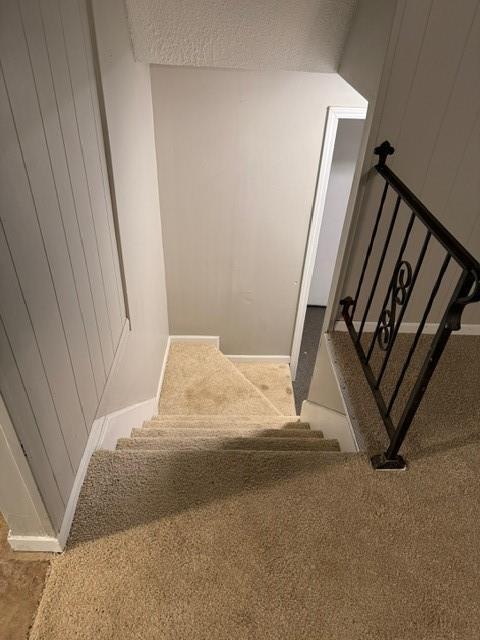 7722 E 90th Ter, Kansas City, MO 64138 - staircase featuring carpet, baseboards, and a textured ceiling
