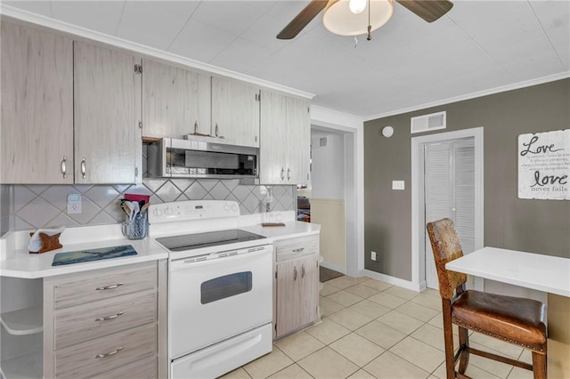 kitchen with visible vents, electric range, ceiling fan, stainless steel microwave, and backsplash