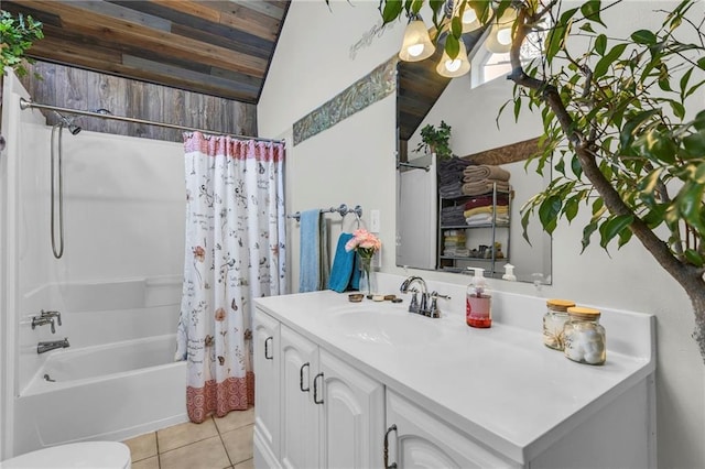 bathroom featuring toilet, shower / bathtub combination with curtain, tile patterned flooring, and vanity