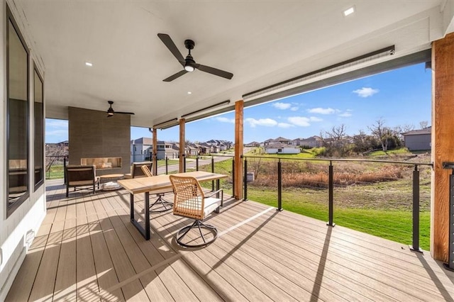 22530 W 87th Ter, Lenexa, KS 66227 - wooden terrace featuring ceiling fan, a residential view, and a lawn