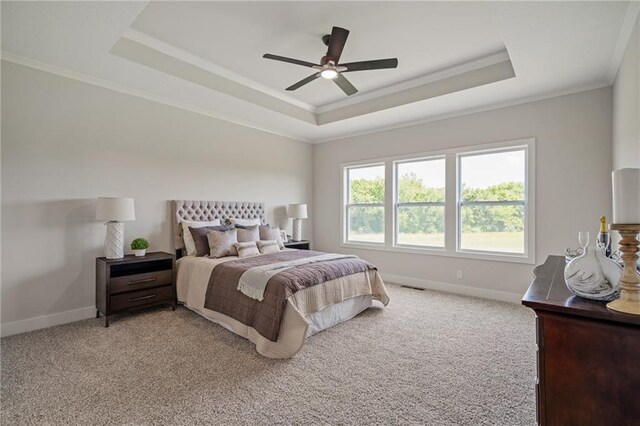 19389 W 114th Ter, Olathe, KS 66061 - bedroom featuring a tray ceiling, ornamental molding, light carpet, and ceiling fan