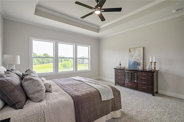 19389 W 114th Ter, Olathe, KS 66061 - bedroom with a tray ceiling, light carpet, ornamental molding, and a ceiling fan